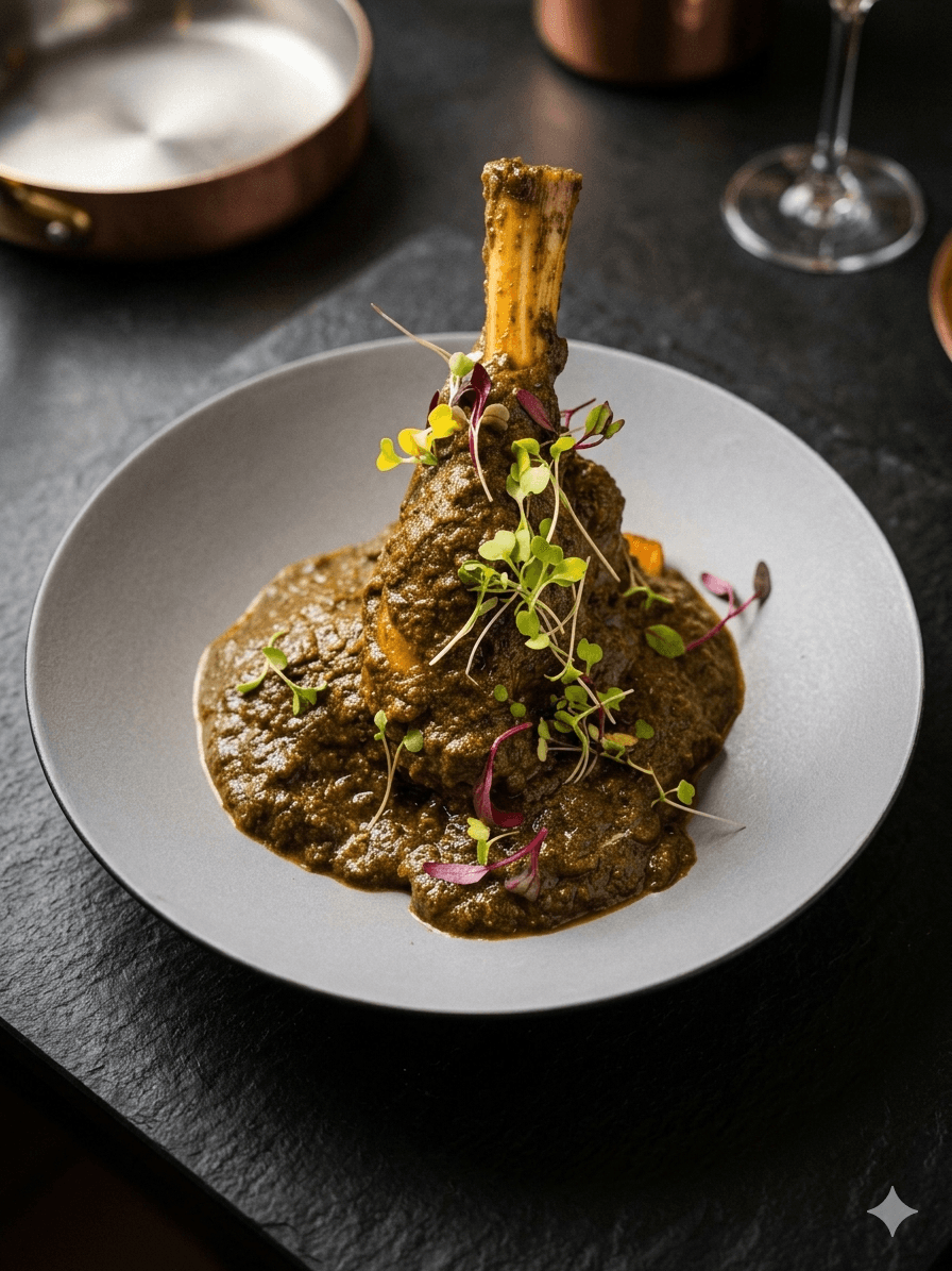 Slow-braised lamb shank with aromatic gravy and microgreens