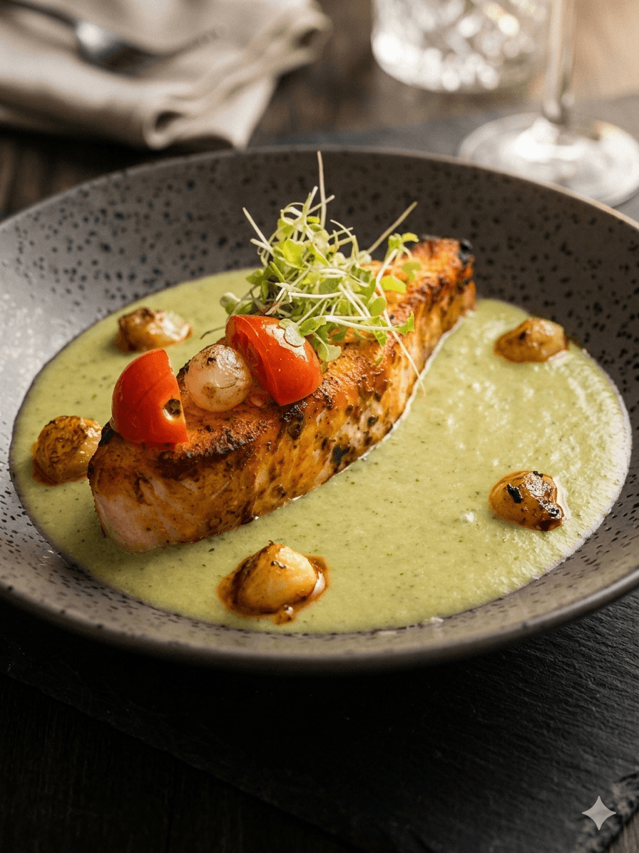 Pan-seared salmon with herb veloutรฉ and roasted cherry tomatoes